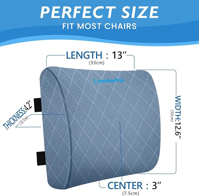 Lumbar Support Pillow for Office Chair, Back Support, Memory Foam, Light Blue