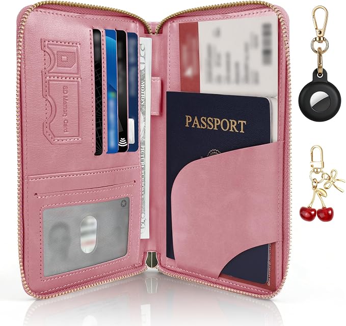 RFID Blocking Passport Wallet, PU Passport Holder for Travel, Pink | Anti Theft Wallet with Tracker Case, Concealed Travel Document Organizer, Wristlet Strap Zipper Pouch, Gifts for Women Men