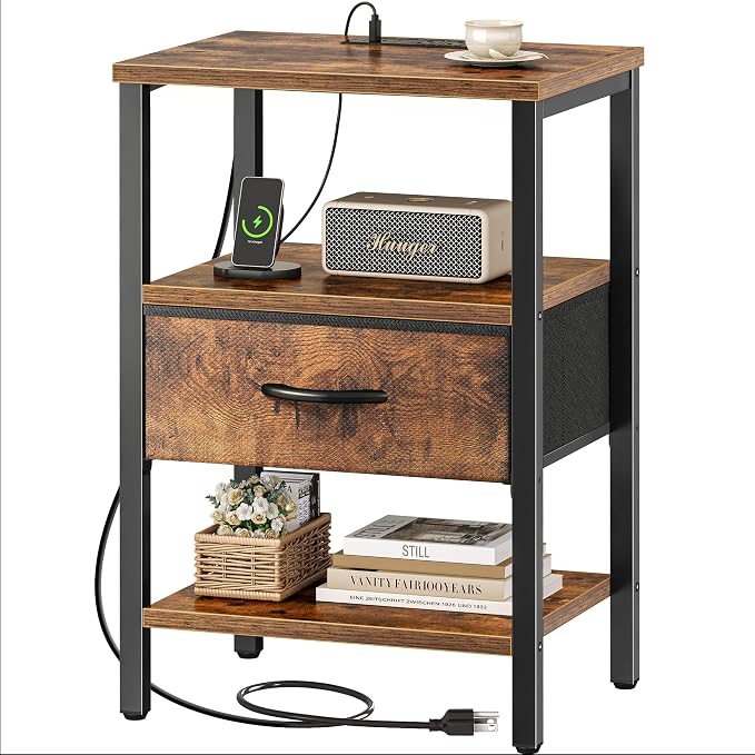 SUPERJARE Nightstand with Charging Station, Bed Side Table with Adjustable Fabric Drawer, Night Stand for Bedroom, 3-Tier Storage End Table, for Living Room, Rustic Brown | Night Stand for Bedroom, with Adjustable Fabric Drawer, 3-Tier Storage End Tabl...
