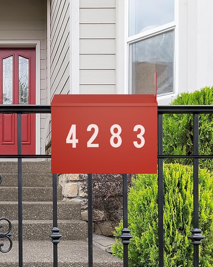 LAND·VOI Wall-Mount Mailbox with One Flag Kit and Three Sets of 0-9 Mailbox Number Stickers, Mailboxes for Outside, Galvanized Steel Rust-Proof Metal Post Box, 4.33" Dx14.2 Wx10.43 H, Red