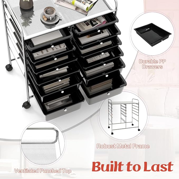 BECOMFORT 12-Drawer Rolling Cart with Drawers, Storage Cart on Wheels, Teacher Classroom Organizers with Metal Frame, Mobile Craft Cart, Trolley Utility Cart for School Office Play Room