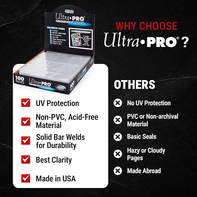 Ultra Pro Trading Card Sleeves – 9 Pocket Card Sleeves for Binder – Platinum Series Pages for Cards & Memorabilia – Archival Safe, UV Protection & 3-Ring Binder Compatible – 100 Pages, Made in USA