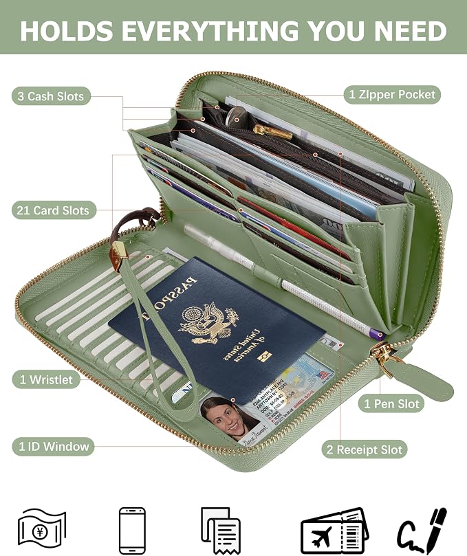 Large Travel Wallet for Women | RFID Blocking Zipper Wallet,Passport Holder Clutch with Wristlet