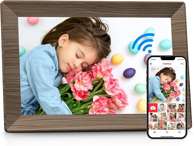 Frameo 10.1" Digital Picture Frame with 32GB Memory Wood WiFi Electronic Photo Frame 1280 x 800 IPS Touch Screen Auto-Rotate Slideshow Wall Mountable Share Photos/Video Remotely Anywhere