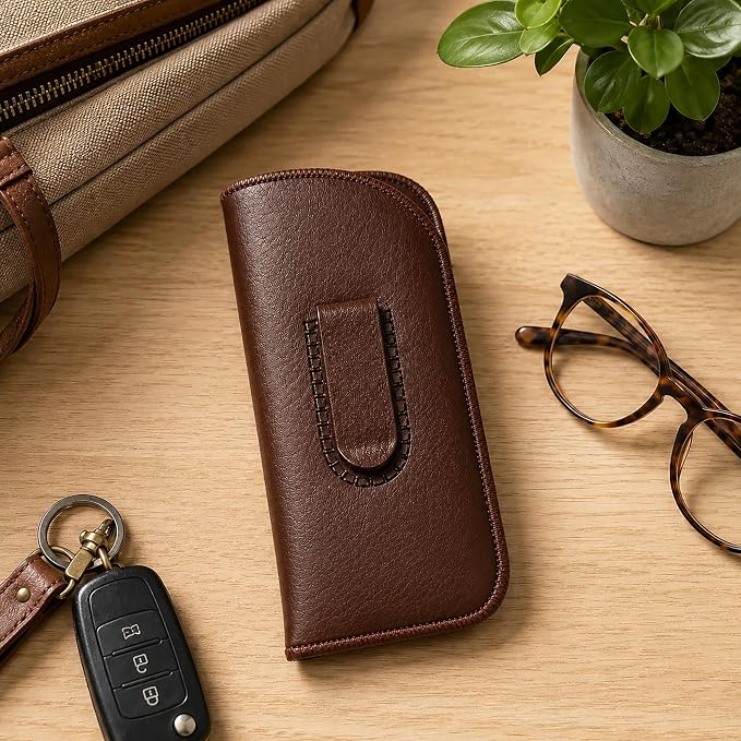 Calabria Slim Eye Glasses Case w/Clip Soft PU Leather Brown Men Women Eyeglasses Pouch Slip-In Eyewear Holder Sunglass Bag