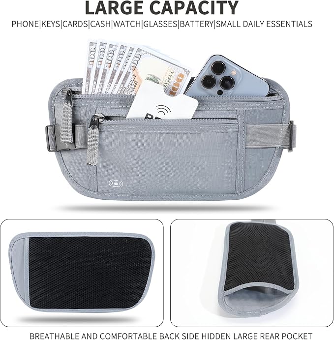 Money Belt for Travel, RFID Blocking, Hidden Money Belt, Passport Holder for Travel (Grey)