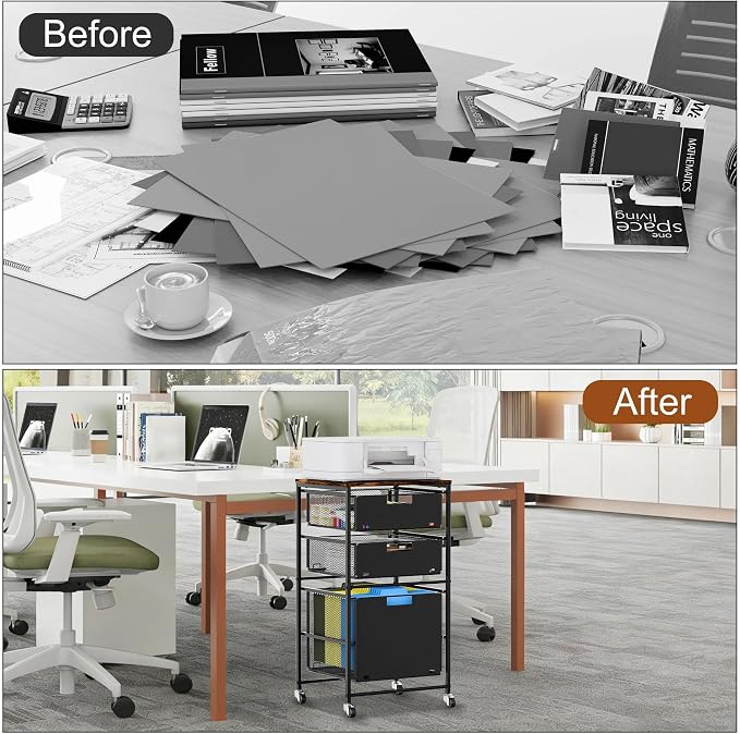 EasyPAG Rolling Storage Cart with 3 Drawers, Under Desk File Cabinet on Lockable Wheels, Movable Letter Size Hanging File Folder Organizer with Wooden Printer Stand for Home Office, Black