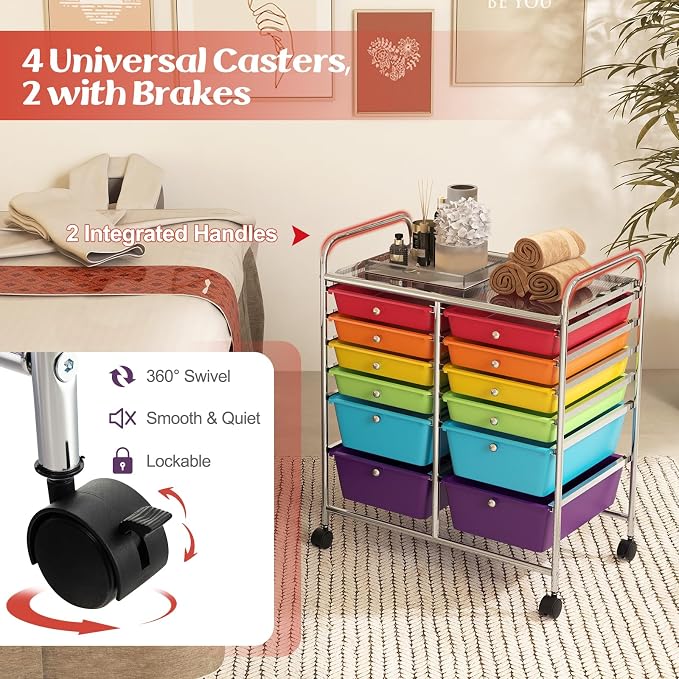 COSTWAY 12-Drawer Rolling Storage Cart, Moveable Art Craft Organizer | Lockable Wheels, Metal Shelf, Files Arrangement Tools Makeup Storage Cart for Office, Home, School (Multi-Color)