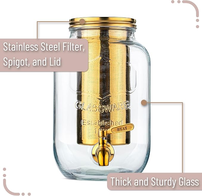 BTaT- 1 Gallon Cold Brew Coffee Maker, Thick Glass Pitcher with Stainless Steel Filter | Stainless Steel Filter, Lid & Spigot Iced Coffee Sun Tea Brewer Mason Jar Cold Brew Container Fast Iced Tea Maker for Fridge