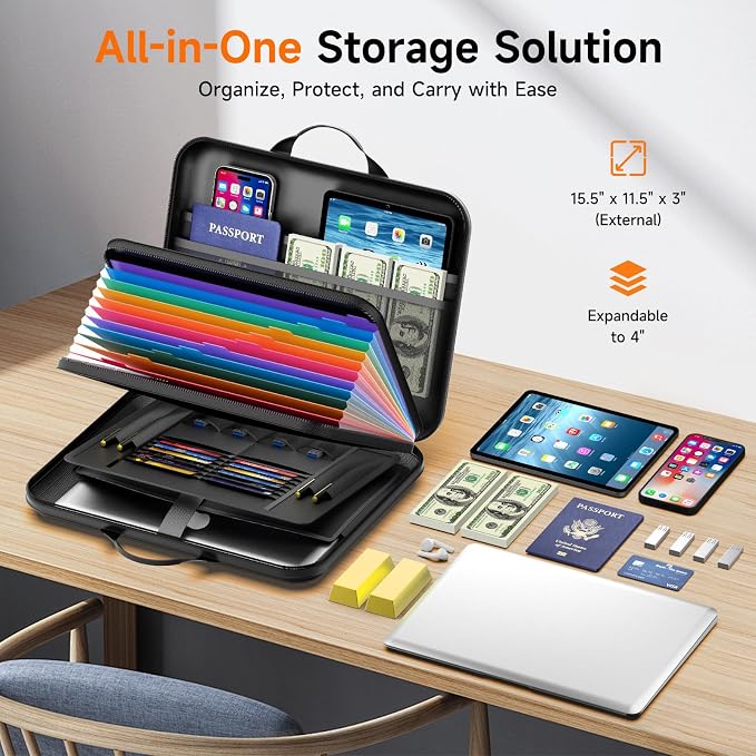 Fireproof Document Box with Lock, Waterproof Hard-Shell File Organizer with 13-Pocket Accordion Folder & Multi-Compartments for Laptop, Documents, Passports & Valuables
