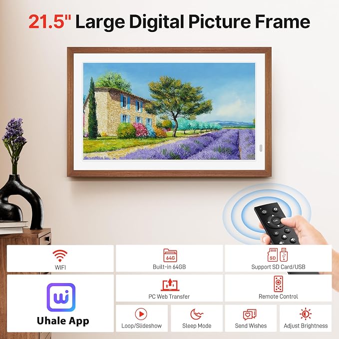 FANGOR 21.5" Large Digital Picture Frame 64GB, WiFi Photo Frame 1920x1080 FHD IPS Display with Remote Control, Auto-Rotate, Wall Mounted, Share Photos/Videos Via Uhale App/USB/SD (No Touch Screen)