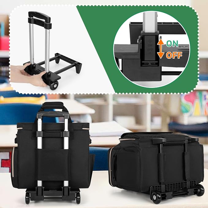 LUXJA Rolling Teacher Bag with Wheels and 15.6" Laptop Compartment, Black | Rolling Briefcase for Women with Accordion File Area, Teacher Tote Bag for Work with Detachable Dolly and Shoulder Strap