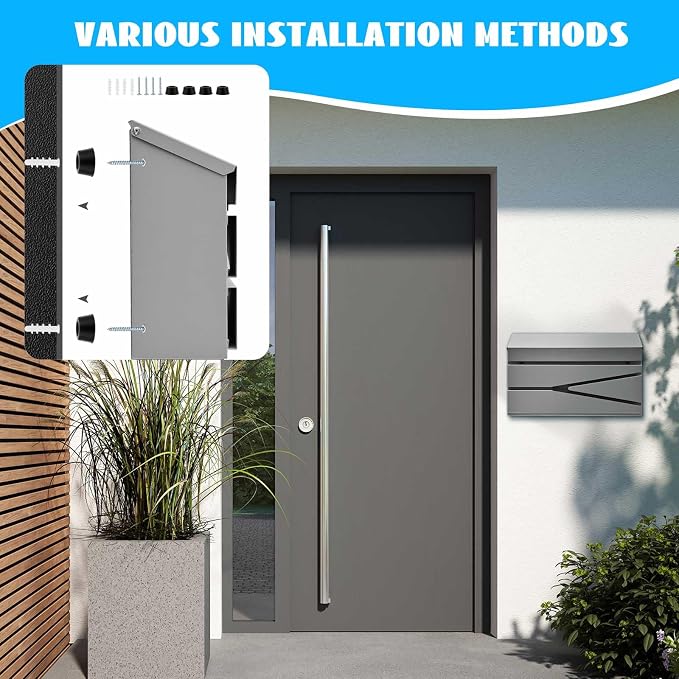 Yaocom Wall Mount Mailbox Large Capacity Mailbox for Outside Galvanized Steel Rustproof Metal Mail Drop Post Modern Collection Box Postbox 15.75" x 9.84" x 4.33", No Key Locking (Grey,No Flag)