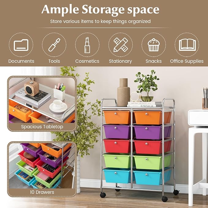 RELAX4LIFE Rolling Storage Cart with 10 Drawers - Craft Storage Cart with Lockable Wheels,Utility Cart, Art Cart Organizer for Crafting Storage, Studio, Office, Home, School Rolling Drawer Cart