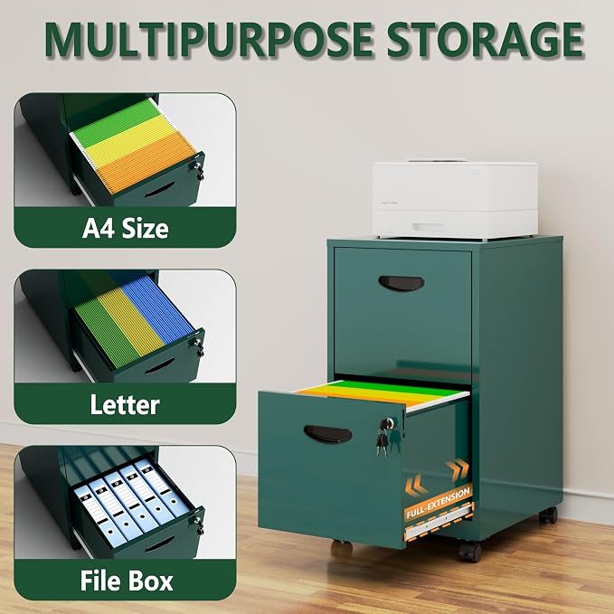 Polup 2 Drawer Rolling File Cabinet with Lock for Home Office | Metal Mobile Filing Cabinet on Wheels, Small Under Desk Storage, Fits Hanging Letter Size, Printer Stand, Green