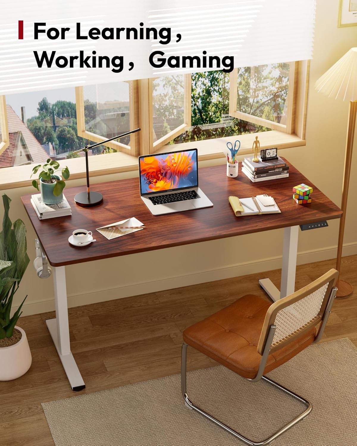 SANODESK Electric Standing Desk 60 x 24 Inches Whole-Piece Desktop Height Adjustable Stand Up Desk w/6-Button Controller Ergonomic Computer Desk for Home Office, White Frame + Mahogany Tabletop