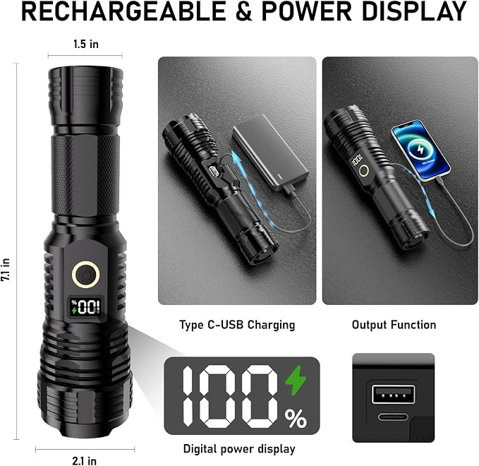 Flashlights High Lumens Rechargeable, 100,000LM LED Super Bright Flash Light, Zoomable Linternas with LCD Digital Display, 5 Mode, Waterproof, Powerful Tactical Flashlight for Emergencies Camping Gift