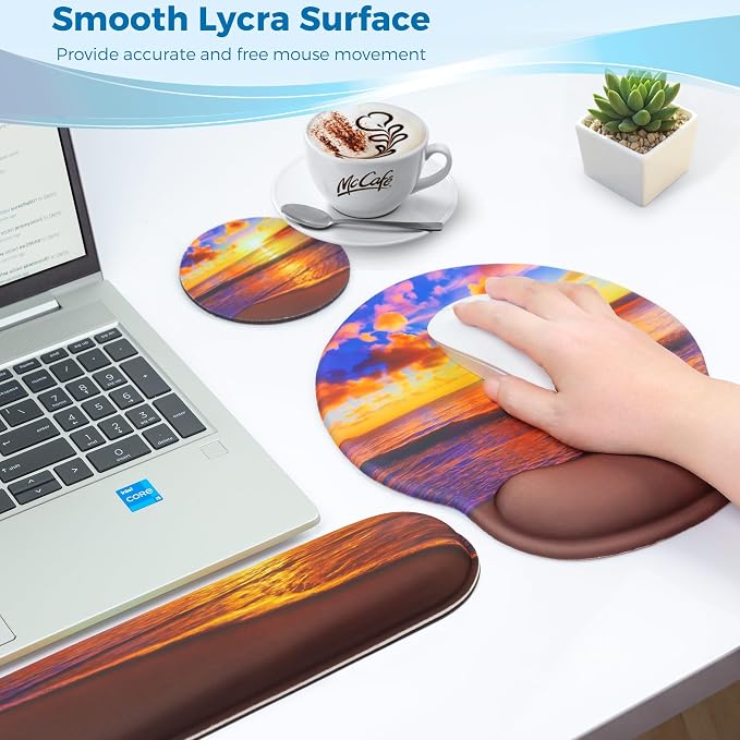 Mouse Pad and Keyboard Wrist Rest Support,Ergonomic Mouse Pad Set | Mousepad With Coaster and Non-Slip PU Base,Pain Relief for Desk Desktop Gaming, Computer,Office -Beach