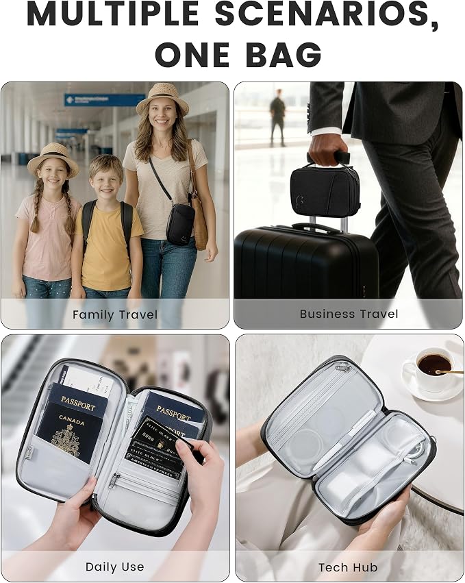 Travelkin Passport Holder For Travel Family, RFID Blocking Passport Wallet | 2-in-1 Travel Organizer, Women Men, Travel document holder, Credit Cards, Cash, Electronic Essentials, Shoulder carry