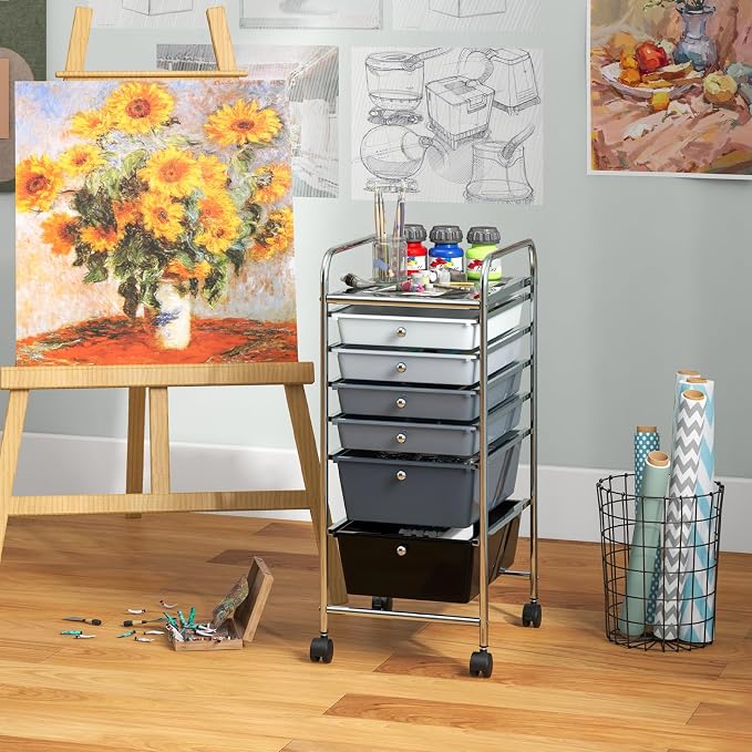 COSTWAY 6-Drawer Rolling Storage Cart, Art Craft Tools Organizer on Wheels | Multifunctional Heavy Duty Utility Mobile Storage Trolley w/ 2 Lockable Wheels for Home Office School (Mixed Black)