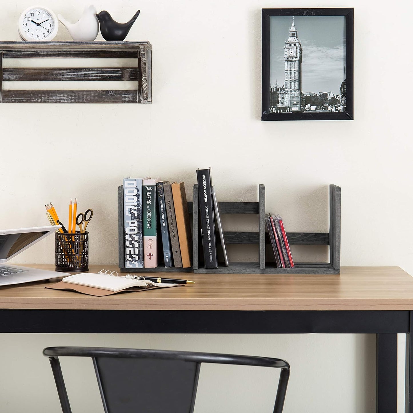 MyGift Barnwood Gray Wood Desktop Bookshelf Organizer, Expandable Adjustable Display Shelf Book Rack