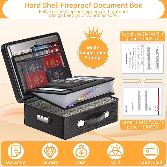 DocSafe 6400°F Fireproof Document Box with Lock, 10 Layers Heat Insulated | Fire&Water Resistant,Hard Case Safe Box with Zipper＆Multi Pockets, Protects Personal Items,Documents,Laptop,Passport,Black