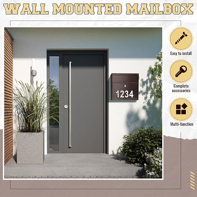 Yaocom Extra Large Wall Mount Mailboxes for Outside 15.35 x 15 x 7 Inches Locking Security Mail Box Galvanized Steel Wall Mailbox Large Capacity Post Box with Key Lock and Reflective Stickers(Brown)