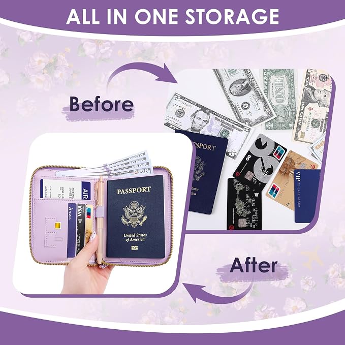 KONVINIT Passport Holder For Travel, RFID Blocking Leather Passport Cover For Travel Accessories, Passport Wallet with Zipper Closure, Cute Passport Book for Women and Men, Purple Flowers