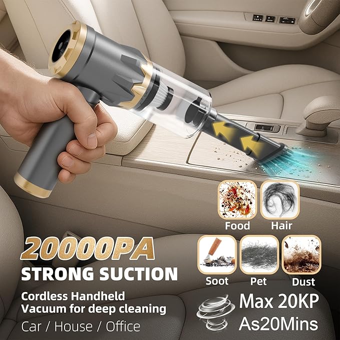 Car Vacuum Portable Cordless, 20000PA High power Vacuum Cleaner , Brushless Motor, 3-Speed Modes, 4 in 1 Compressed Air Duster, Air Blower, Pump HandHeld Vacuum for Car, Home, Office, Camping - Grey