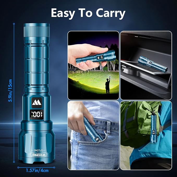 WdtPro LED Rechargeable Flashlight 2 Pack, 3 Modes Super Bright High Lumens Flashlights, Zoomable Tactical Flash Light with LCD Display, IP65 Waterproof Flashlights for Home Emergency Camping - Blue