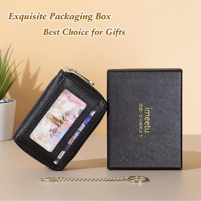 imeetu RFID Credit Card Holder, Small Card Wallet Women, Leather Card Case | Genuine Leather Women's Card & id Cases, Change Coin Purse with Zipper Keychain id Window, 20 Colors & 3 Styles, Daily, Gifts