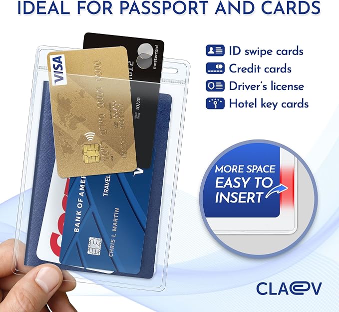 Claev Flexible and Tear Resistant Vertical 4x6 Passport & Card Holders (4x6 Extra Large (XXL), 100 Pack), Clear Zipperless ID Plastic Name Card Badge Holders for Travel, Conferences, Conventions | Bulk clear waterproof ID badge holders, fits 4 x 6 inse...
