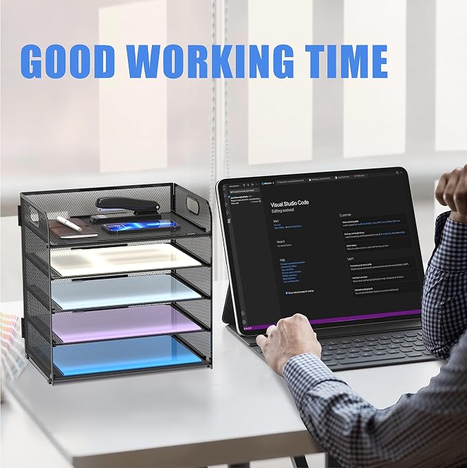 2 Pack 5-Tier Desk Organizer with Handle Mesh Desk File/Paper Organizer Letter Tray for Office, School, Classroom and Home Easy Installation, Black