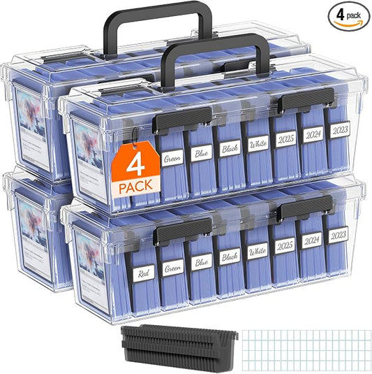 Lifewit Trading Card Storage Box fit for Toploader, Stackable Reinforced Latch Case with 8 Adjustable Dividers, Writable Labels, Organizer for MTG TCG Sports Baseball Bulk Cards, 4 PCS