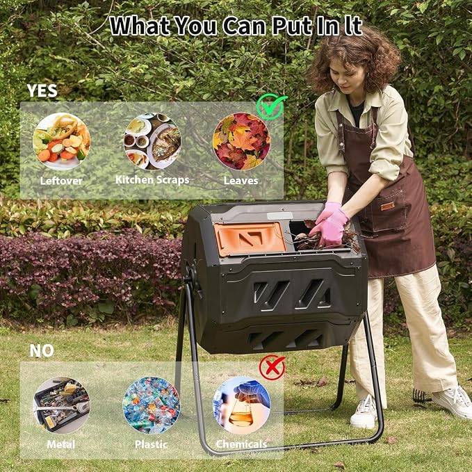 Compost Bin, 43-Gal Dual Chamber Composter Tumbler, Black Orange | Steel Frame with 2 Sliding Door and Aeration System, 360° Rotating, Tumbling Composting Bin for Kitchen, Garden, Yard