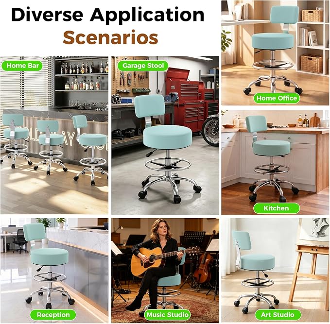 Office Drafting Chair with Footrest, Tall Height Adjustable Stool with Back Support, Heavy Duty Rolling Stool Chair with Wheels for Office Home Kitchen Bar Shop Guitar Studio Vanity, Mint Blue