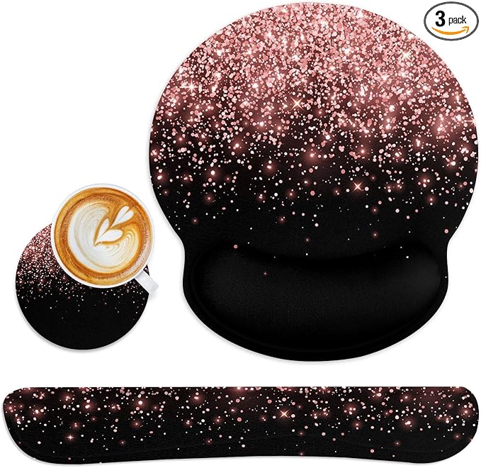 Ergonomic Mouse Pad Set with Wrist Rest, Rose Gold | Pink Black Golden Non-Slip Rubber Base Wrist Cushion Support and Coasters Mousepad with Wrist Support for Computer Keyboard