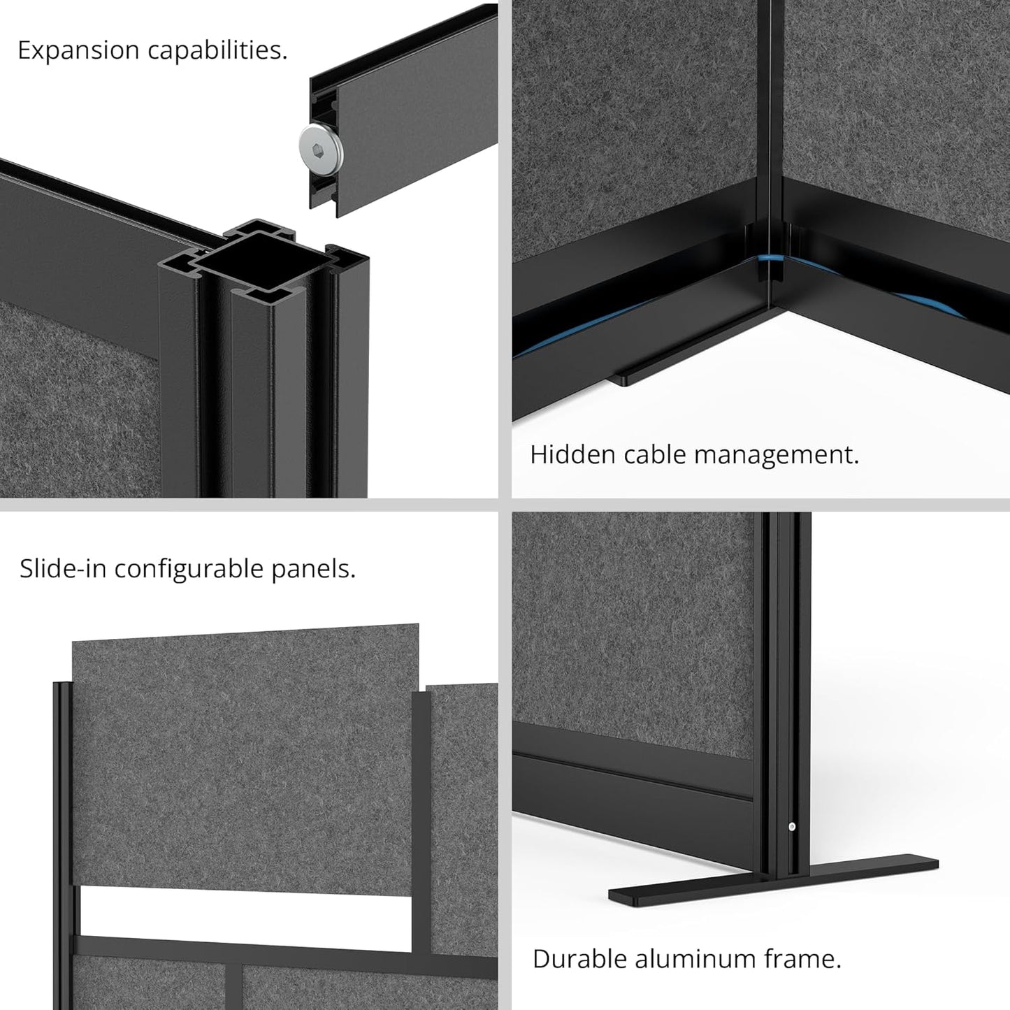 Stand Up Desk Store Workflow Wide Modular Wall | 53'' x 70'' Wall | Expandable Partition Room Divider with Rearrangeable Frosted Acrylic, Sound Absorbent and Whiteboard Panels (Black Frame)
