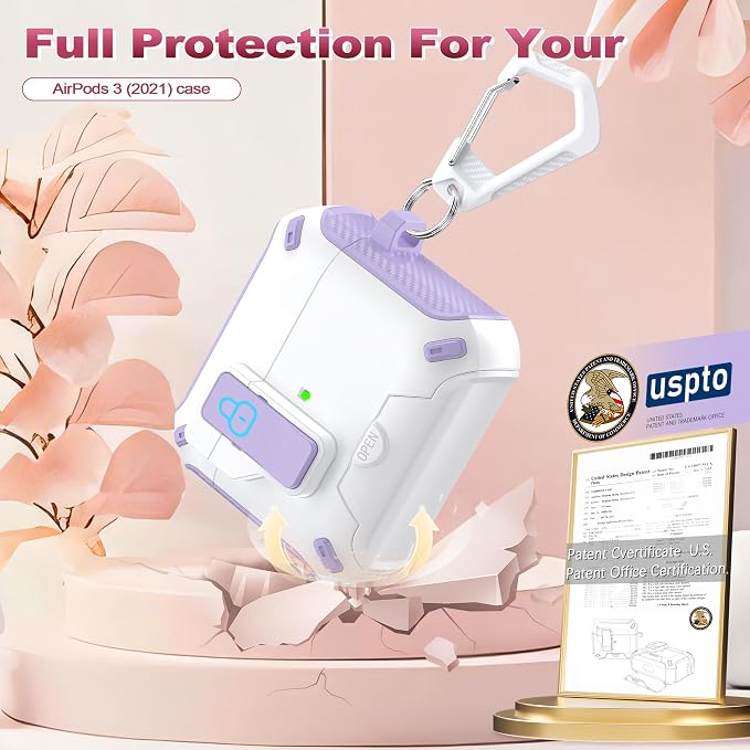 for AirPods 3 Case with Lock Phone Stand Magnetic Lid, Pur+White | Compatible with Apple AirPods 3rd Generation (2019) Case with Cleaner Kit & Carabiner, Powerful Drop Protection