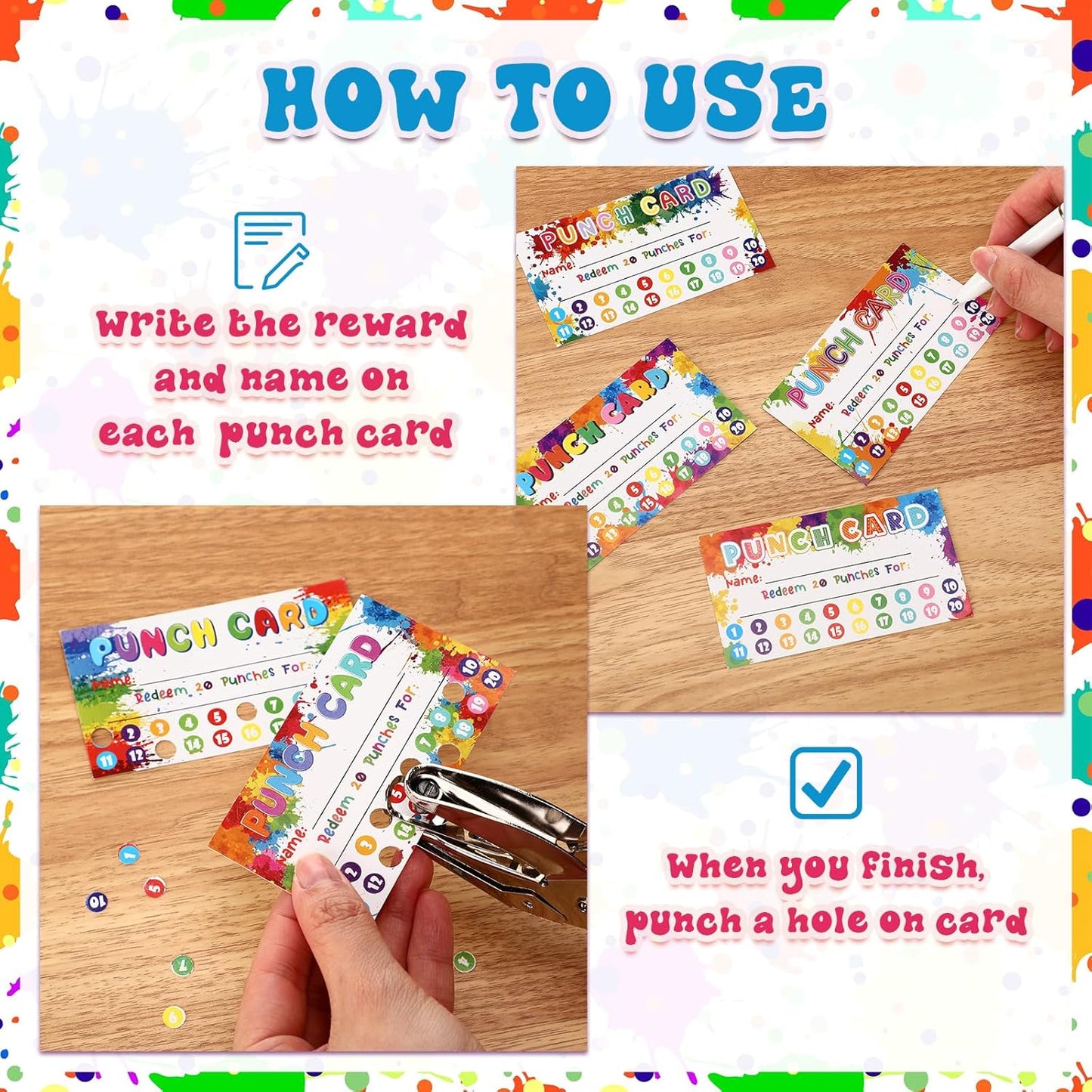 Fumete 400 Pcs Punch Cards for Classroom Reward Cards Behavior Incentive Loyalty Awards for Kids Students Teachers School Business, 8 Styles, 3.5 x 2 in(20 Rainbow Tie Dye Punches Style)