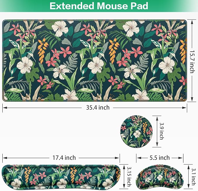 Desk Mat Floral, Large Gaming Mouse Pad with Wrist Rest, 4in1 XXL | Mousepad+Keyboard Wrist Rest+Mouse Pad Wrist Support+Cup Coaster Set Ergonomic Computer Desk Arm Wrist for Decor Office Women