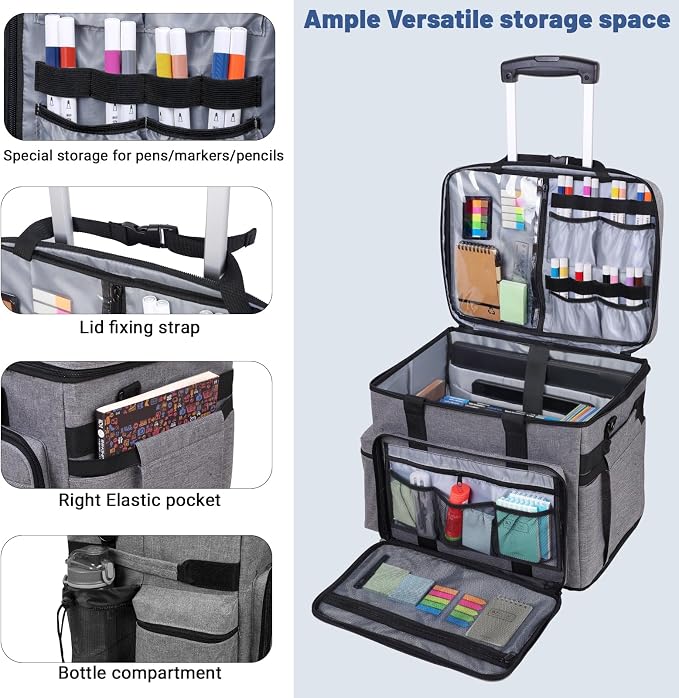 Rolling Teacher Bag Built-in Hard Support Board With Detachable Trolley | Waterproof nylon,35L large space,Multiple storage pockets,Fits 15.6 Inch Laptop