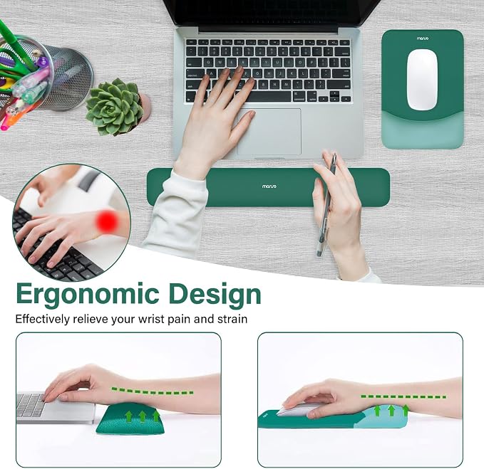 MOSISO Wrist Rest Support Mouse Pad & Keyboard Set, Peacock Green | Rectangular Ergonomic Mousepad, Non-Slip Base, Home/Office Pain Relief & Easy Typing, Neoprene Cloth & Raised Silicone Lining
