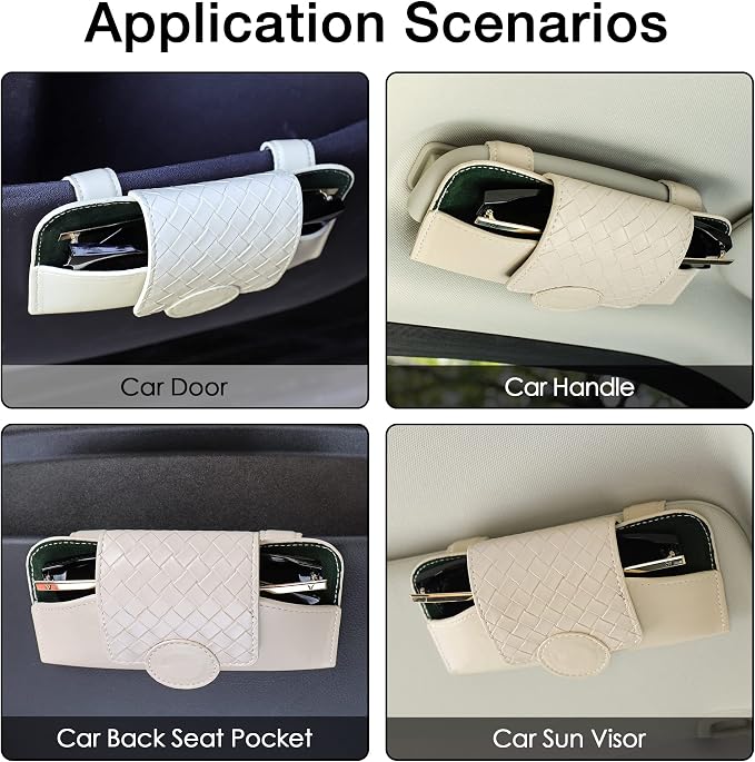 KINIVA Sunglasses Holder for Car Visor Leather Glasses Case with Clips for Car Visor Automotive Interior Visor Accessories Apply to All Car Models (10 Beige)