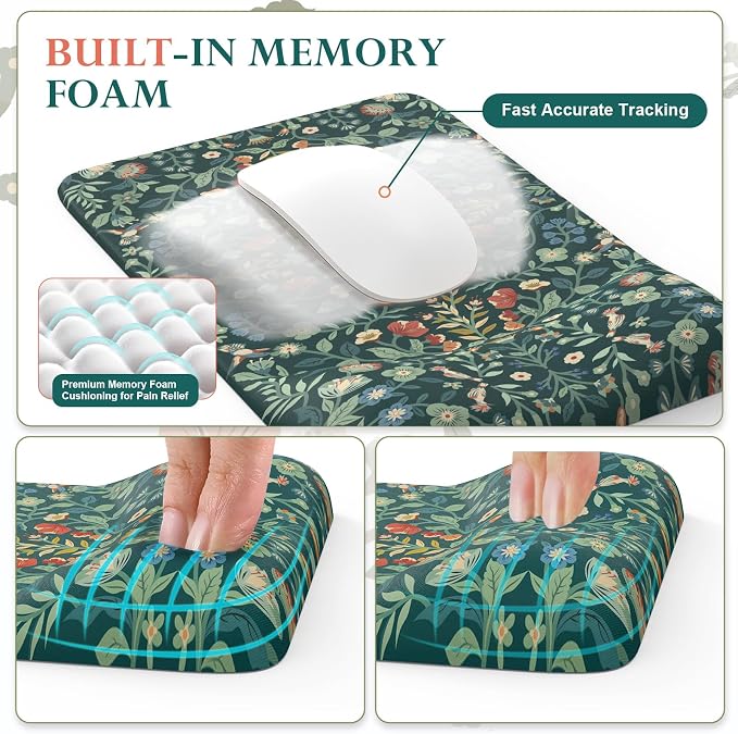iCasso Mouse Pad with Wrist Rest,Ergonomic Large Desk Mat Set, Deep Green | Keyboard Pad with Wrist Support, Non-Slip Mouse Mat for Women, Cute Floral Computer Mat for Home Office Gaming