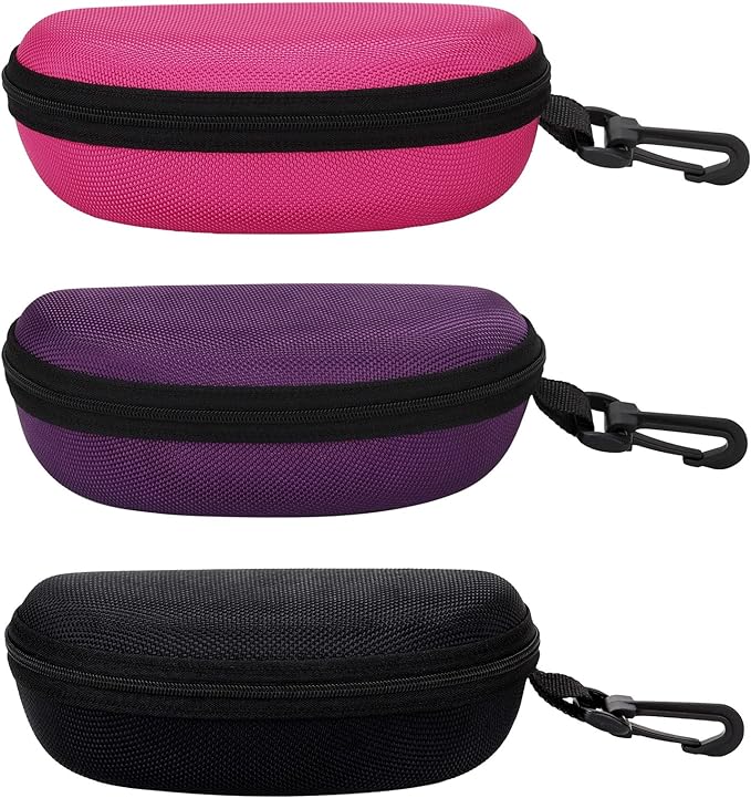 molshine 3 Pieces Portable Hard Shell Sunglasses Case, Zipper Eyewear Eyeglasses Case with Hook for Women Men Travel Sports