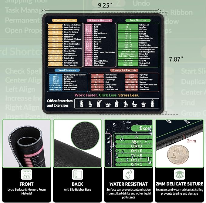 KONVINIT Ergonomic Mouse Pad with Wrist Rest, Small Excel Cheat Sheet Desk Pad with Windows & Office & Excel Shortcuts, Non-Slip Rubber Base Mouse Pads for Desk with Smooth Surface, Black