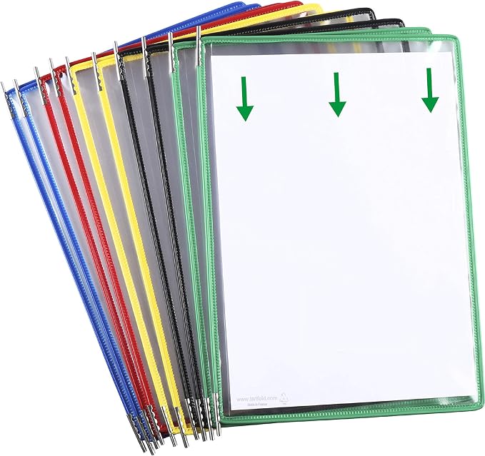 Tarifold Replacement Pivoting Pockets, Letter Size, Assorted, 10 Pack | 10 non-glare wire-reinforced polypropylene pockets hold 20 letter-size sheets, snap-on index tabs included, top-loading