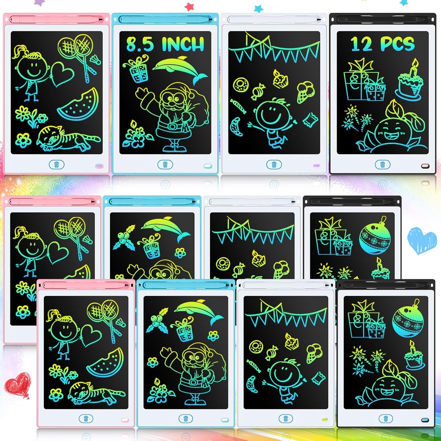 Tinlade 12 Pack LCD Writing Drawing Tablets 8.5 Inch Bulk Colorful Doodle Board Erasable Electronic Painting Drawing Pads Learning Toy Gifts for Kids Christmas School(Pink, Blue, White, Black)