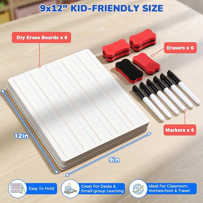 GAMENOTE 6 Pack Dry Erase Lap Boards, Lined and Blank, 9 x 12 in | 6 pack double sided 9 x 12 boards pair a lined side with a blank side for reusable writing practice.